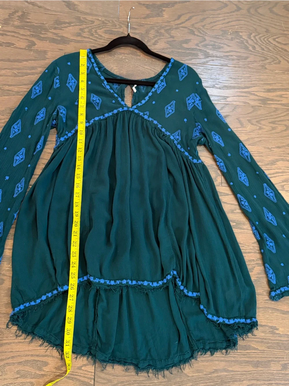 Free People Diamond Embroidered Tunic Top Dark Green Blue Boho Size Small